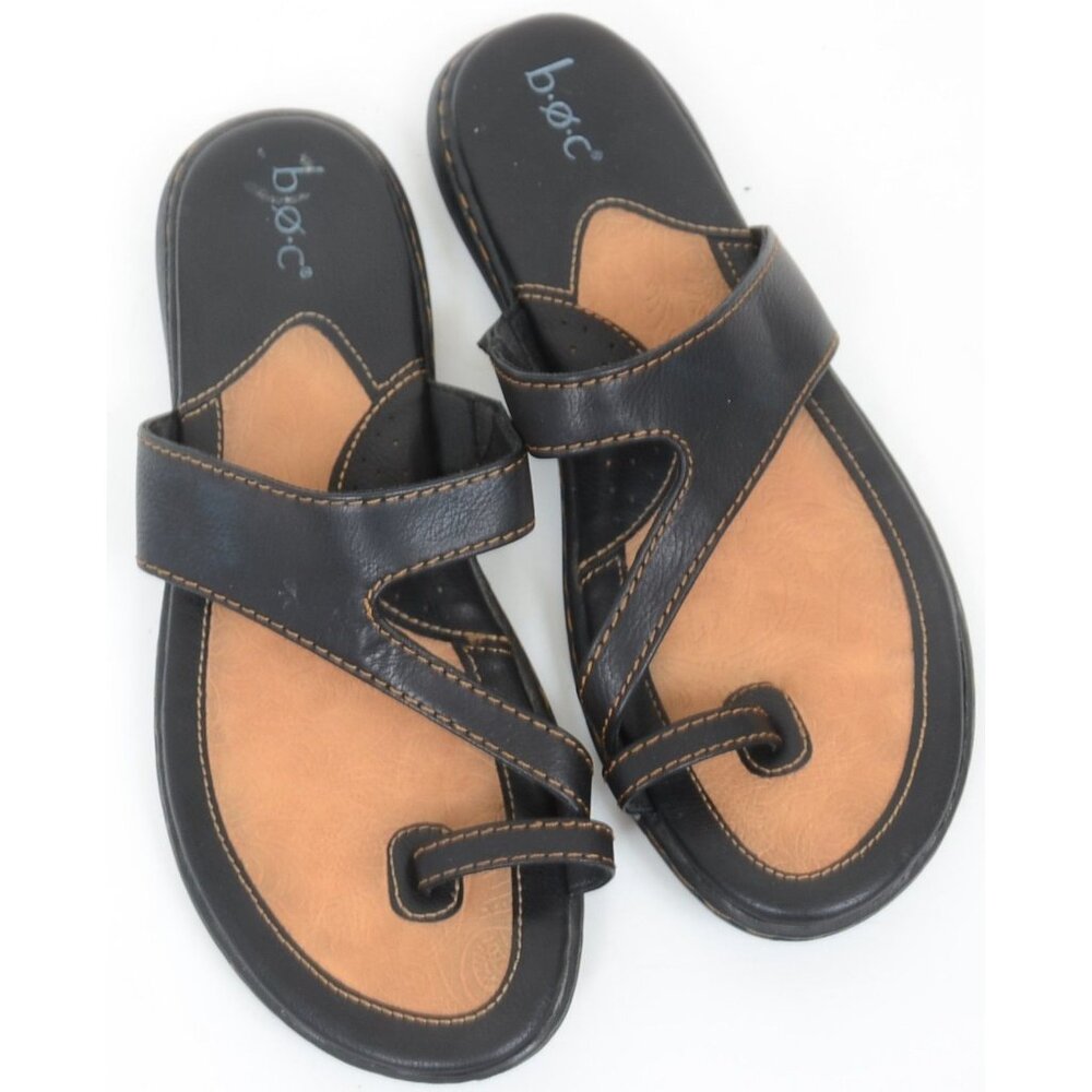 B.Ø.C. Women's Flat Sandals Slip-on Slides Flip Flops Black Faux Leather Size 9M
